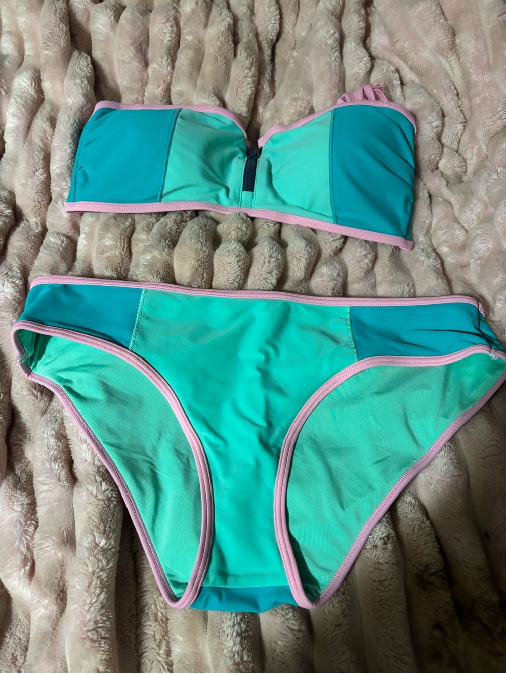 Aerie Colorblock Bandeau Bikini Set Aqua Mint Pink Trim Size Large NWOT - Picture 2 of 9